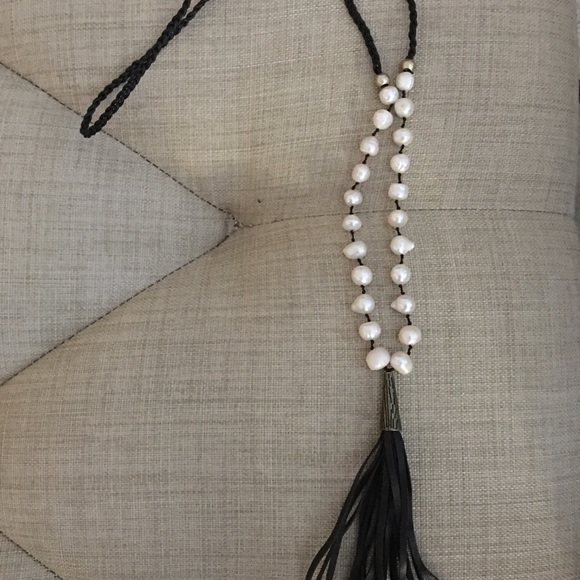 Pearl Necklace with Leather Tassel - Picture 2 of 4